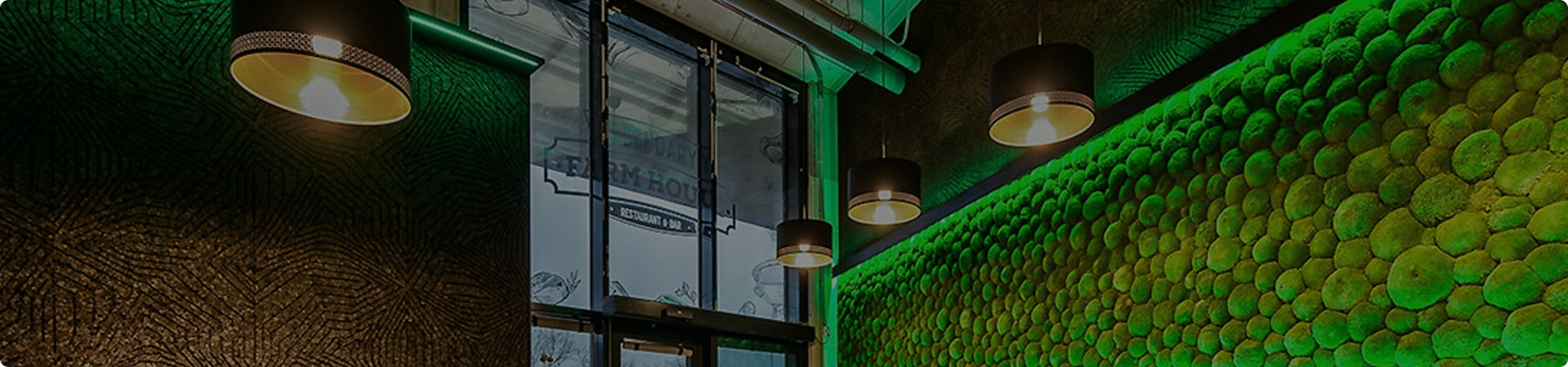 Een modern interieur met BEMOSS moschilderijpanelen en donker getextureerde wanden. Vier zwarte plafondlampen met een gelige gloed hangen op een rij. Natuurlijk licht stroomt door een glazen deur aan de linkerkant en benadrukt de levendige groene tinten van de moswand.