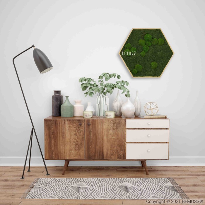 Een minimalistisch woonkamertafereel met een houten dressoir tegen een witte muur. Op het dressoir staan diverse siervazen en een plantje. Daarboven hangt een opvallende Moshexagon BEMOSS® MIMI. Links staat een moderne vloerlamp met een zwarte kap en gebogen voet.