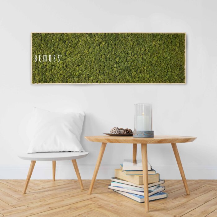 Een moderne, minimalistische kamer is voorzien van een witte stoel met een wit kussen, een lichte houten ronde tafel, een stapel boeken en een glazen kandelaar. Een grote rechthoekige Mosschilderij RENDIERMOS mono hangt boven de tafel tegen de smetteloos witte muur.