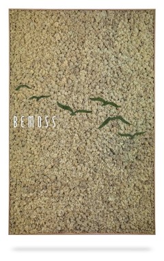 Er wordt een beige vloerkleed met een gestructureerd oppervlak getoond. Op het vloerkleed staat het woord "Earth Meao" in het wit, aan de linkerkant. Aan de rechterkant zijn vijf groene abstracte vormen geplaatst die lijken op vliegende vogels en doen denken aan een moschilderij.