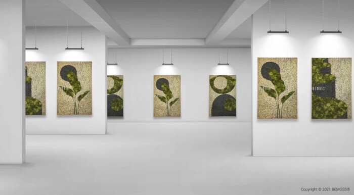 Een galerie voor hedendaagse kunst heeft meerdere minimalistische schilderijen die op witte muren zijn gemonteerd. De kunstwerken tonen overwegend abstracte plantvormen, die doen denken aan Earth Barrado, in groen en grijstinten. Plafondverlichting verlicht elk schilderij en verbetert de textuur en details in de serene ruimte.