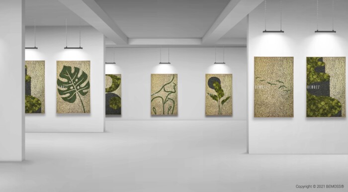 Minimalistische, moderne kunstgalerie met zes grote kunstwerken met een botanisch thema op witte muren. Elke Earth Barrado heeft verschillende tinten groen, bladpatronen en textuurelementen. De plafondlampen verlichten elk kunstwerk rechtstreeks, wat bijdraagt aan het strakke, open gevoel van de galerij.