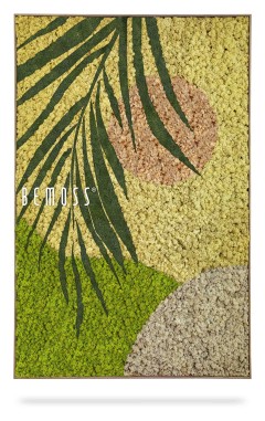 Een rechthoekig ingelijst kunstwerk met een gestructureerd ontwerp in groene, bruine en beige kleuren. Het patroon bevat een abstract bladmotief in groen en ronde vormen in bruin en beige. De productnaam "Abstract Muzela" wordt aan de linkerkant weergegeven, wat een moderne moschilderij-esthetiek oproept.