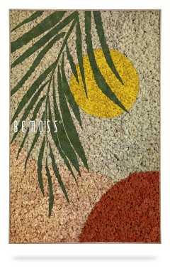 Een gestructureerd deurmatontwerp van BEMOSS met een gele zon, groene palmbladeren en een oranje halve cirkel tegen een beige achtergrond. De merknaam "BEMOSS" staat in witte letters op de linkerkant van de mat geschreven, wat doet denken aan hun unieke Abstract Orjas-ontwerpen.