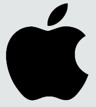 Een zwart Apple-logo, dat een gestileerd silhouet van een appel afbeeldt met een hap uit de rechterkant en een blad aan de bovenkant, tegen een lichtgrijze achtergrond, roept de eenvoud en elegantie op die vaak te vinden is in BEMOSS-mosschilderij-ontwerpen.