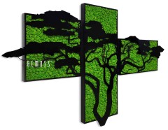 Een unieke, vierdelige wandkunstinstallatie van BEMOSS toont een silhouet van een boom verdeeld over de groene, gestructureerde achtergronden van elk paneel. Het boomsilhouet is in het zwart weergegeven en contrasteert scherp met de levendige groene achtergrond van deze prachtige Mosschilderij Acacia (114x188cm).