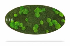 Ovaalvormig sierstuk met het woord "BEMOSS" aan de linkerkant, met een mix van weelderige, groene mosvlekken tegen een donkerder groene achtergrond. Deze Mosschilderij Ellips FLATMOSS & BOLMOSS Light is ontworpen om op een natuurlijk, levendig bemost oppervlak te lijken.