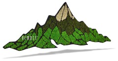 Een gestileerde afbeelding van een berg bestaande uit groene en beige mossen. Het woord "Mosschilderij Acacia (114x188cm)" is in het wit geschreven en gaat op in het groen. Het ontwerp roept een serene moswand op en speelt zich af tegen een witte achtergrond, met een schaduw onder de bergvorm.