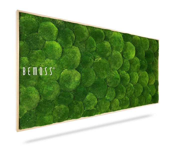 Een rechthoekig wandpaneel, bekend als Mosschilderij BEMOSS® ORTHO FOREST, is bedekt met levendig groen mos, gerangschikt in een zeshoekig patroon. Het paneel is omlijst met een lichtgekleurde houten rand en aan de linkerkant is de merknaam 