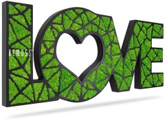 Een decoratief bord met de tekst 'LOVE', met de 'O' in de vorm van een hart. De letters zijn ontworpen met een weelderige groene mosachtige textuur tegen een zwarte achtergrond, wat een natuurlijke, levendige uitstraling geeft. Het woord "Mosschilderij Acacia (114x188cm)" is ook zichtbaar op de "L", wat doet denken aan hun kenmerkende mosschilderijstijl.