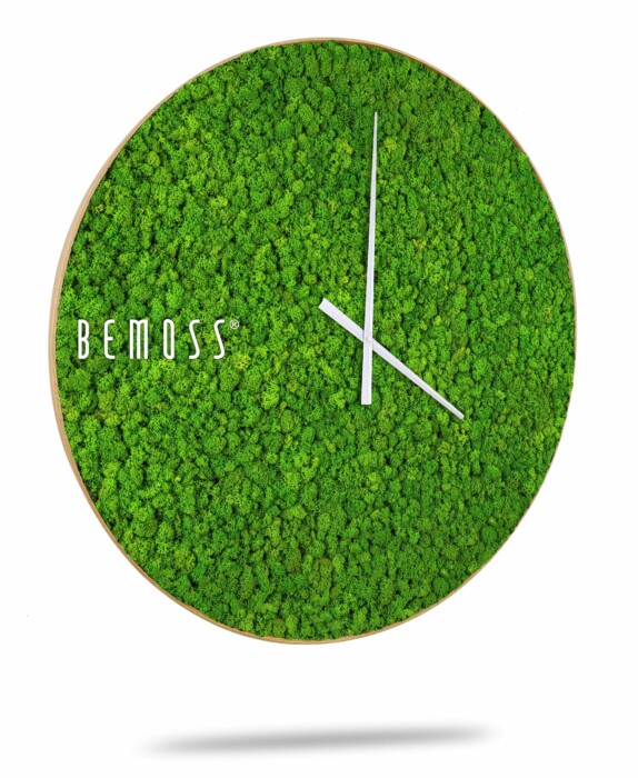 Een ronde wandklok met een unieke groene mostextuurachtergrond, met witte minimalistische uren-, minuten- en secondewijzers. De merknaam 