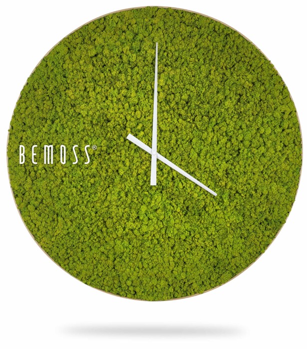 Een ronde groene klok met een gestructureerd, mosachtig oppervlak dat doet denken aan een moswand. De klok heeft drie eenvoudige witte wijzers voor uren, minuten en seconden. Op de linkerkant van de wijzerplaat is de merknaam 