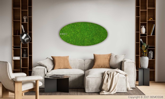 Een gezellige woonkamer is voorzien van een lichtgrijze bank versierd met bruine en beige kussens, geflankeerd door twee hoge houten boekenplanken. Centraal boven de bank hangt een Mosschilderij Ellips RENDIERMOS mono, een ovaal groen moskunstwerk aan de muur. Een moderne zwarte vloerlamp en bijzettafels maken de opstelling compleet.