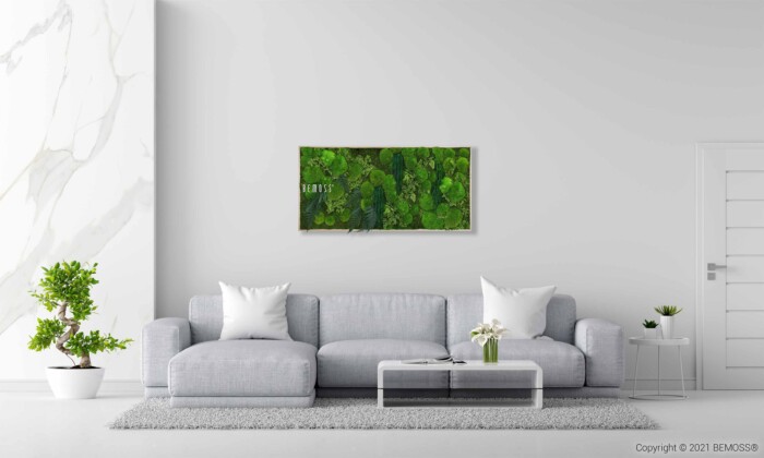 Een moderne woonkamer is voorzien van een lichtgrijze bank met witte kussens, een glazen salontafel met bloemen en een Mosschilderij PLANTEN Zorita aan de muur. Links staat een potplant en rechts een gesloten witte deur. De kamer heeft een minimalistisch design.