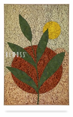 Een getextureerd kunstwerk, getiteld 'Abstract Oveja', toont een gestileerde groene plant met twee bladeren tegen een achtergrond van gestructureerde materialen. De plant staat voor een rode halve cirkel, die de grond symboliseert, en rechtsboven een gele cirkel, die de zon voorstelt. Deze moschilderij brengt levendig leven in elke ruimte.