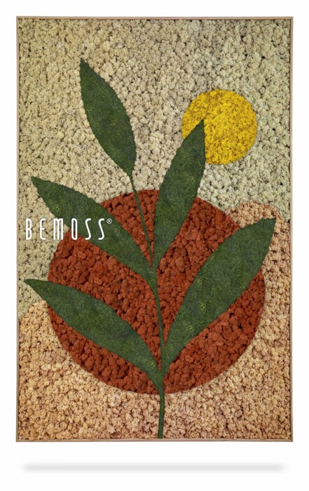 Een getextureerd kunstwerk, getiteld 'Abstract Oveja', toont een gestileerde groene plant met twee bladeren tegen een achtergrond van gestructureerde materialen. De plant staat voor een rode halve cirkel, die de grond symboliseert, en rechtsboven een gele cirkel, die de zon voorstelt. Deze moschilderij brengt levendig leven in elke ruimte.