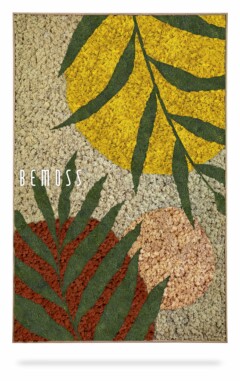 Een wandkunstwerk met textuur en grote, kleurrijke bladpatronen, vaak een 'Abstracte Oveja' genoemd. De bladeren zijn in de kleuren groen, geel en donkerrood, tegen een neutrale, gestructureerde achtergrond. Het woord "BEMOSS" is in het wit gedrukt op de linkerkant van de afbeelding.