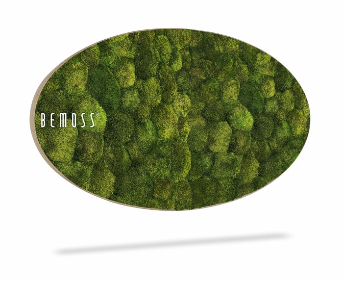 Een ovaalvormig oppervlak is bedekt met weelderige, variërende tinten groen mos. Op de linkerrand staat het woord 