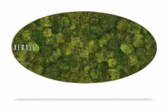 Een ovaalvormig wanddecoratiestuk met een weelderig, gestructureerd oppervlak bedekt met verschillende tinten groen mos. Het woord "BEMOSS" staat in witte tekst op de linkerkant van de Mosschilderij Ellips SIBERIAN. De achtergrond en schaduw zorgen voor een zwevende uitstraling.