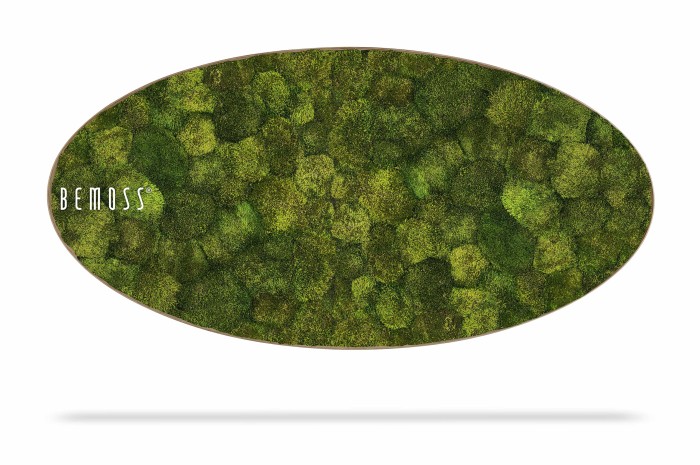 Een ovaalvormig wanddecoratiestuk met een weelderig, gestructureerd oppervlak bedekt met verschillende tinten groen mos. Het woord 