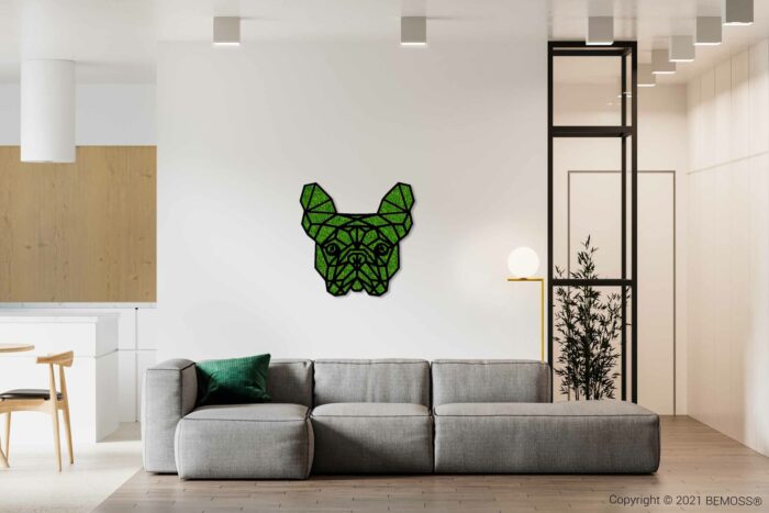 Een moderne woonkamer met een grijze sectionele bank versierd met een groen kussen. Boven de bank hangt een geometrisch kunstwerk aan de muur dat lijkt op het gezicht van een hond. Het decor omvat een vloerlamp, lichte houtaccenten en een zicht op de keuken met minimalistische designelementen op de achtergrond, geaccentueerd door een BEMOSS moswand.
