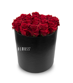 Een ronde zwarte doos gevuld met talloze levendige rode rozen. Op de doos staat in witte letters het woord "BEMOSS" geschreven, wat als een mosschilderij afsteekt tegen de donkere achtergrond. De rozen zijn stevig verpakt en zien er fris en weelderig uit.