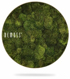 Een cirkelvormig kunstwerk aan de muur bedekt met verschillende tinten weelderig groen mos. Het woord "BEMOSS" is in wit lettertype gedrukt op de linkerkant van de Mosschilderij-cirkel BEMOSS® ORTHO TORRES, waardoor een natuurlijke, organische uitstraling ontstaat tegen de witte achtergrond.