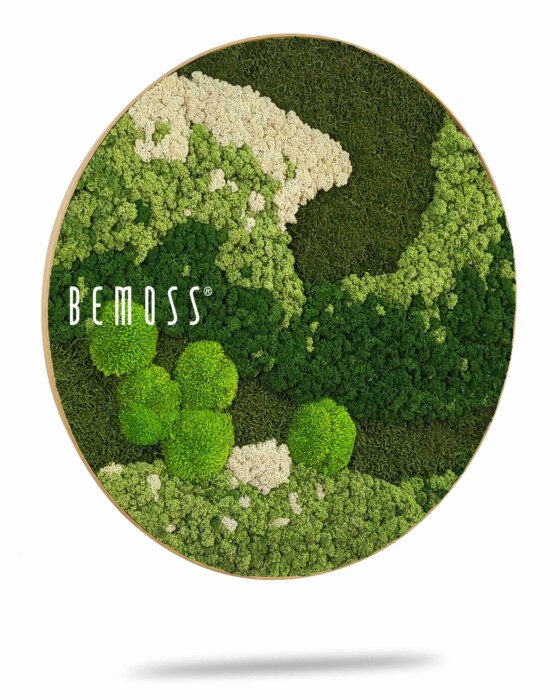 Een cirkelvormig kunstwerk aan de muur met verschillende tinten groen en wit bewaard mos in een abstracte opstelling. De mossen zijn getextureerd en gelaagd, waardoor een driedimensionaal effect ontstaat. De merknaam 
