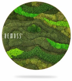 Een cirkelvormig kunstwerk met verschillende tinten behouden groen Mosschilderij cirkel BEMOSS® ORTHO TORRES gerangschikt in een golfachtig patroon. Het woord "BEMOSS" staat op de linkerkant van het kunstwerk gedrukt. De groene tinten variëren van helder limoen tot diep bosgroen, waardoor een gestructureerde, natuurlijke uitstraling ontstaat.