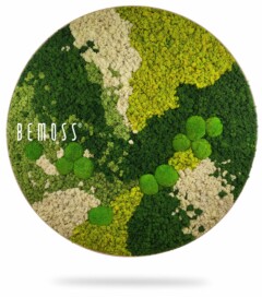 Een cirkelvormig kunstwerk met linksboven de merknaam "BEMOSS". De Mosschilderij cirkel BEMOSS® ORTHO ICE is voorzien van getextureerd mos in verschillende tinten groen en beige, waardoor een abstract, organisch patroon ontstaat. De cirkel werpt er een subtiele schaduw onder, waardoor het een driedimensionaal uiterlijk krijgt.