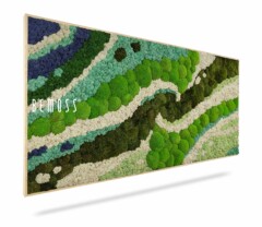 Deze levendige Mosschilderij BEMOSS® ORTHO SWIRL is een rechthoekig kunstwerk aan de muur van Bemoss en heeft een groen, wit, blauw en bruin mospatroon dat een abstract ontwerp creëert. Het kunstwerk is gevat in een eenvoudige houten lijst en wordt tentoongesteld tegen een witte achtergrond.