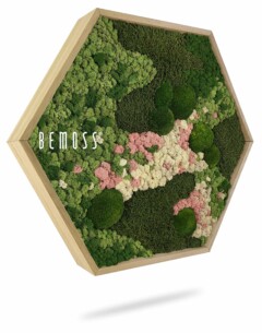 Zeshoekig houten wandkunstwerk met een verscheidenheid aan groen, roze en wit mos, gerangschikt in een visueel aantrekkelijk patroon. De BEMOSS mosschilderij toont verschillende texturen en tinten, waardoor een levendige en natuurlijke esthetiek ontstaat. Op het kunstwerk is de tekst "BEMOSS" zichtbaar.