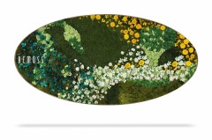 Een ovaalvormige Mosschilderij Ellips FLATMOSS met verschillende tinten groen mos en trossen kleurrijke bloemen in geel en wit, waardoor een levendig, natuurlijk patroon ontstaat. Het woord "BEMOSS" is op de linkerkant in wit gedrukt. Dit boeiende kunstwerk lijkt boven een schaduw te zweven.