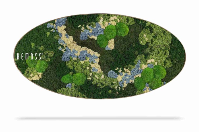 De Mosschilderij cirkel BEMOSS® ORTHO ICE is een ovaal mos wandkunstwerk met 