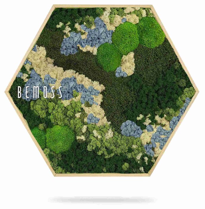 De Mosschilderij cirkel BEMOSS® ORTHO ICE toont geconserveerde mossen en korstmossen in groene, blauwe en beige tinten, abstract gerangschikt binnen een rond frame. Aan de linkerkant van het kunstwerk staat 