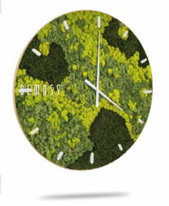 Een Mos klok BEMOSS® ORTHO SPRING met wijzerplaat met een uniek ontwerp met groen en geel mos als achtergrond. De klok heeft eenvoudige, strakke witte wijzers en uurmarkeringen. De merknaam "BEMOSS" wordt aan de linkerkant weergegeven, waardoor een aardse esthetiek ontstaat die doet denken aan een BEMOSS moswand.