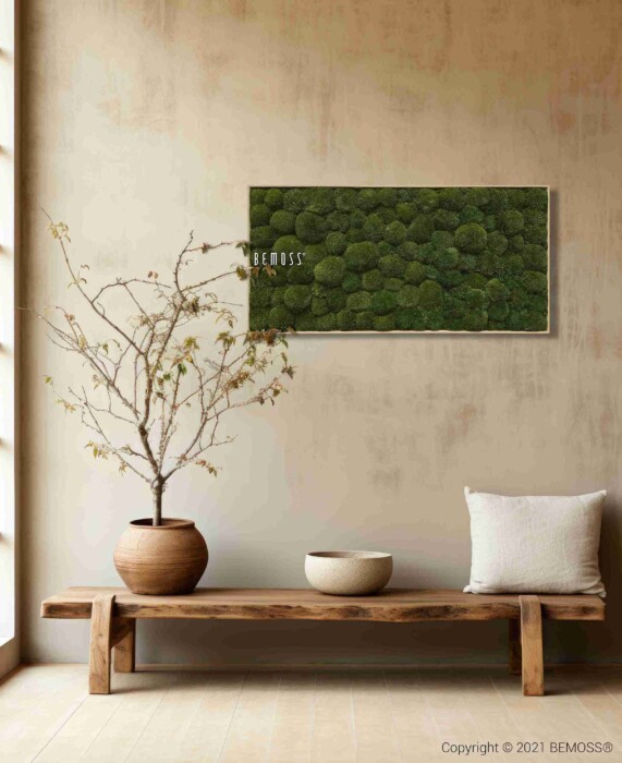 Minimalistische kamer met een houten bank, een kleine boom in een grote pot, een kussen en een ronde kom. Boven de bank aan de lichtgekleurde muur hangt een elliptisch ingelijste moswandkunst met het label 