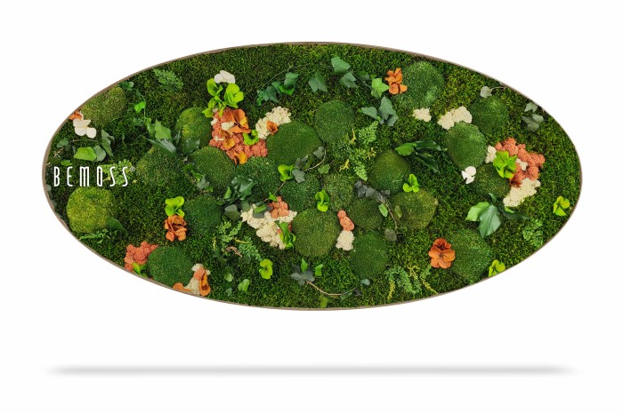 Een ovaalvormige Mosschilderij Ellips FLATMOSS met weelderig groen mos met rode, oranje en beige bloemachtige elementen ertussen. Aan de linkerkant van het decor is subtiel het woord 