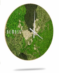 Een ronde wandklok met een groene moszijde, met verschillende tinten groen en enkele witte vlekken. De klok heeft minimalistische zilveren wijzers en de merknaam "BEMOSS" aan de linkerkant. De mostextuur geeft een natuurlijke, milieuvriendelijke uitstraling, die doet denken aan een Mos klok BEMOSS® ORTHO SPRING.