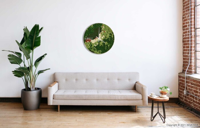 Een minimalistische woonkamer met een lichtgrijze bank, links een hoge potplant en rechts een kleine houten tafel met een plant. Boven de bank hangt een grote wandklok met een botanisch thema. De setting bestaat uit Mos klok BEMOSS® ORTHO SPRING naast een mix van bakstenen en witte muren met een houten vloer.
