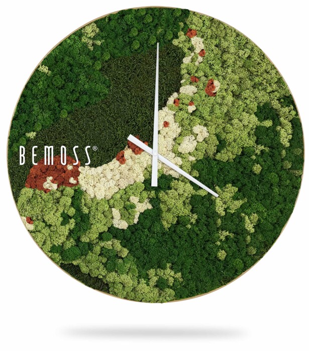 Een ronde wandklok van BEMOSS® ORTHO SPRING heeft een uniek ontwerp met een gestructureerd, groen, mosachtig oppervlak en overal witte, lichtgroene, donkergroene en bruine vlekken. De wijzers zijn wit en steken mooi af tegen de levendige moschilderijachtergrond.
