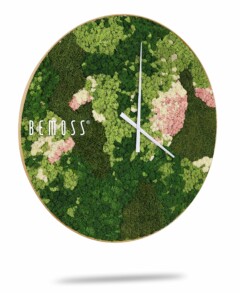 Een ronde wandklok met een weelderig, groen mosoppervlak, met verschillende tinten groen, wit en roze. De klok heeft witte uren- en minutenwijzers. De merknaam "BEMOSS" is in het wit gedrukt op de linkerkant van de wijzerplaat. Deze unieke Mos klok BEMOSS® ORTHO SPRING brengt de natuur moeiteloos naar binnen.