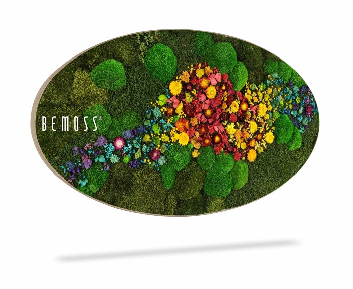 Ovaalvormig bloemstuk van Bemoss, met een verscheidenheid aan kleurrijke bloemen in het midden met overwegend rode, gele en paarse tinten, omgeven door groen blad. Het ontwerp van Mosschilderij Ellips PLANTEN Mesia benadrukt de natuurlijke schoonheid. Aan de linkerkant wordt het Bemoss-logo weergegeven.