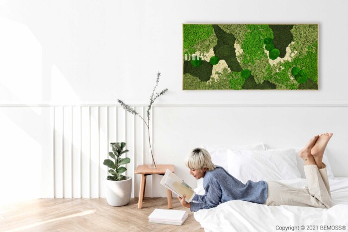 Een kind met blond haar ligt op bed een boek te lezen in een lichte, minimalistische kamer. De kamer is voorzien van een potplant, een klein houten krukje en een ingelijste Mosschilderij BEMOSS® ORTHO GREEN aan de muur. Het zonlicht stroomt van links naar binnen, waardoor er een serene sfeer ontstaat.