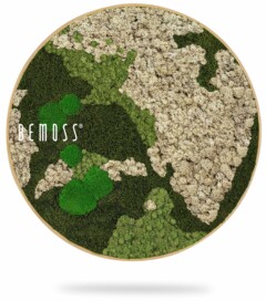 Een rond kunstwerk met een wereldkaart gemaakt van verschillende tinten groen en beige mos. De aardse continenten worden op creatieve wijze afgebeeld met getextureerd mos. Op de linkerkant van het moswand-kunstwerk staat het woord "Mosschilderij cirkel BEMOSS® ORTHO NATURAL".