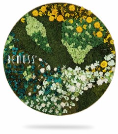 Een cirkelvormig bloemstuk met een verscheidenheid aan bloemen en groen, voornamelijk in gele, witte, groene en blauwe tinten. Het woord "BEMOSS" is op de linkerkant van het arrangement gedrukt, waarin een elegante toets van Mosschilderij cirkel PLANTEN Arce is verwerkt voor extra textuur en diepte.