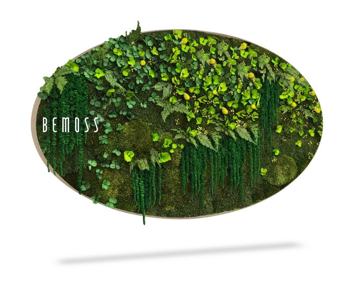 Een ovale groene wanddecoratie, bekend als Moshexagon PLANTEN Lomo, is voorzien van verschillende soorten weelderig groen, waaronder planten en mos. Het woord 