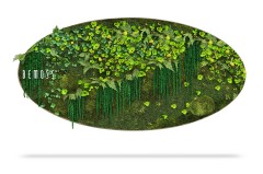 Een ovaalvormig kunstwerk aan de muur, bekend als een Moshexagon PLANTEN Lomo, met een weelderige groene verticale tuin met verschillende soorten kleine planten en bladeren. Het woord "BEMOSS" staat in het wit op de linkerkant geschreven. Het stuk heeft een modern en elegant ontwerp met een levendige, natuurlijke esthetiek.