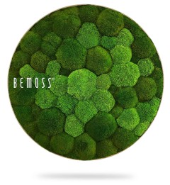 Een cirkelvormig ontwerp gevuld met verschillende tinten groen mos in een honingraatpatroon. Het woord "BEMOSS" is in het wit gedrukt op de linkerkant van de cirkel. De Mosschilderij Ellips BOLMOSS DUO Natural Green werpt er een subtiele schaduw onder.