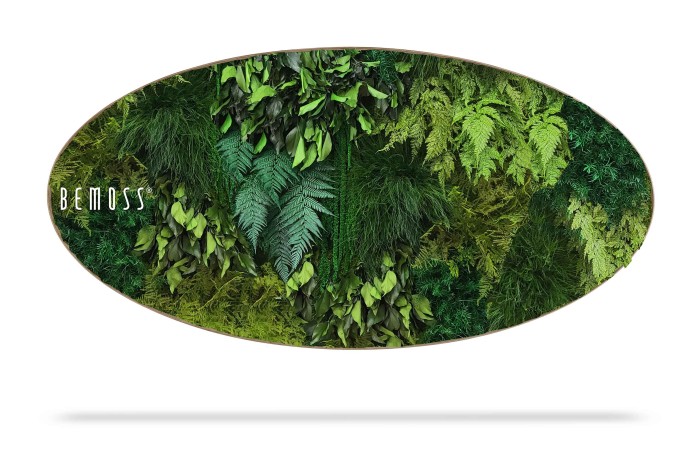 Een ovaalvormig wandkunstwerk met weelderig groen blad, inclusief verschillende soorten bladeren en mos, waardoor het een verticale tuinuitstraling krijgt. Op de linkerkant staat het woord 